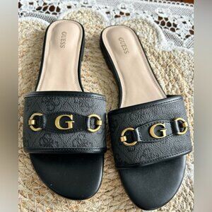 Guess Hammi Logo Slide Sandals Black with Gold Hardware Size 9.5